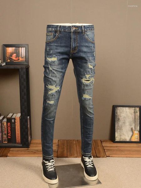 Jeans pour hommes Retro Make Old Ripped 2024 Street Handsome Stretch Slim Patch Skinny Casual Pantalon à bandes à la cheville
