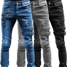 Jeans voor heren Retro Moto Biker Rechte elastische heren Ritsgat Streetwear Punk Skinny Denim Cargobroek Pantalones Hombre Y2K Kleding 231218