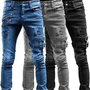 Jeans voor heren Retro Moto Biker Rechte elastische jeans Heren Ritsgat Streetwear Punk Skinny Denim Cargobroek Pantnes Hombre Y2K Kleding L230926
