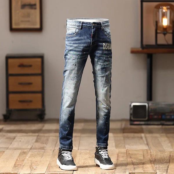 Jeans masculin rétro nostalgique déchiré conçue décontractée tout-match slim fit skinny street street moteur pantalon