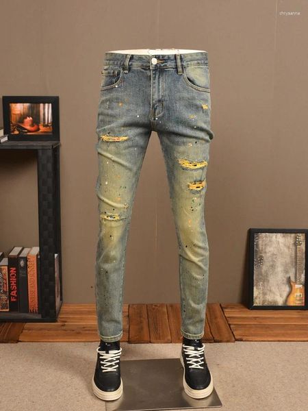 Jeans pour hommes rétro nostalgique déchiré Street Design Stretch serré en détresse peinture en aérosol pantalon à la mode