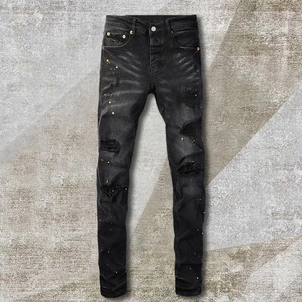 Jeans para hombres pintura retro flaco hombres negro hombre parche biker streetwear agujeros rasgados pantalones de mezclilla estiramiento jean pantalones cónicos homme