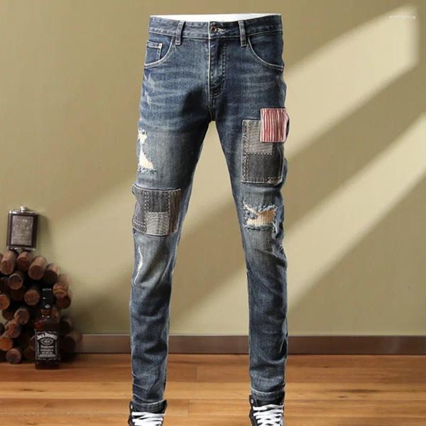 Jeans pour hommes rétro patch pantalon hommes tendance marque mode conception européenne vêtements de fête déchiré pour pantalon de moto