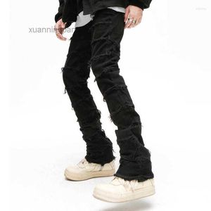 Jeans pour hommes Retro Patchwork Pantalon évasé Wild Stacked Ripped Long Straight Baggy Washed Faded Men L87O