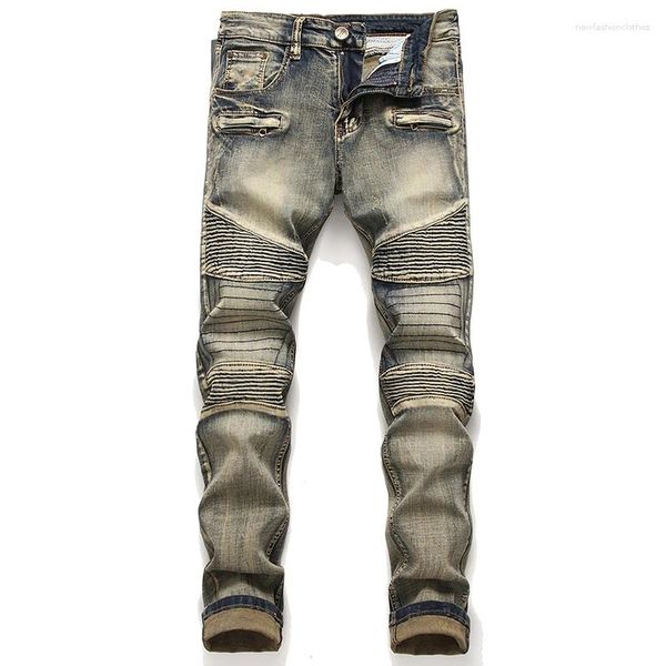 Jeans para hombres Retro Patchwork Moto Biker para hombres Rasgados Slim-Fit Stretch Pantalones plisados Moda Casual Costuras Streetwear Ropa diaria