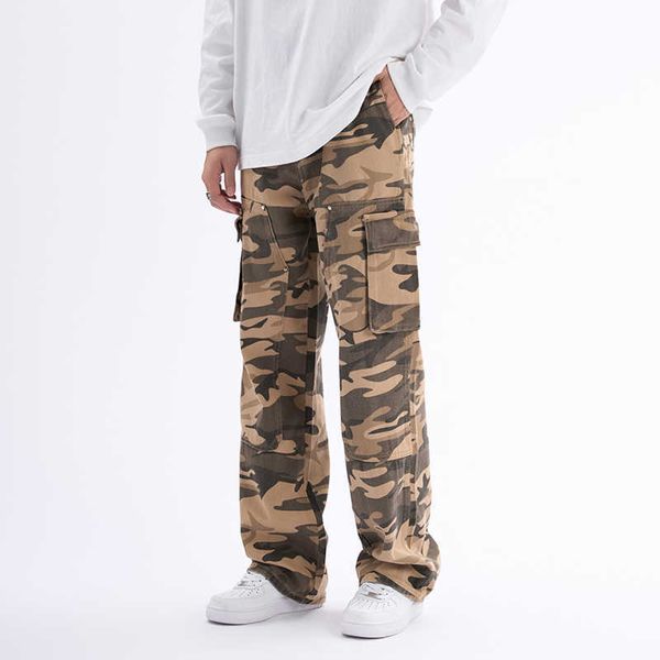 Jeans pour hommes Retro Patchwork Pockets Straight Loose Men Camouflage Cargo Pants High Street Baggy Casual Unisexe Salopette Hip Hop Pantalon Z0301