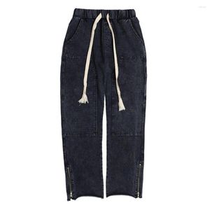 Jeans pour hommes rétro fente zippée ourlet lavé concepteur de mode marque pantalon droit ample pantalon décontracté élastique pour hommes