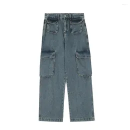 Мужские джинсы в стиле ретро, однотонные повседневные брюки-карго с несколькими карманами, модный бренд Y2K, свободные прямые брюки, мешковатые джинсовые брюки