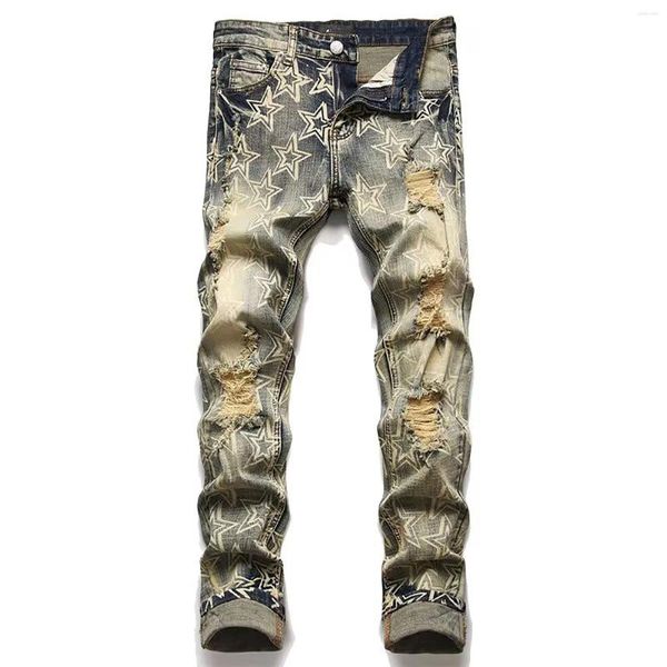 Pantalones vaqueros para hombre Retro Star Slim Print Personalidad Corte Rasgado Pantalones casuales para hombres Ajuste suelto