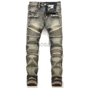Jeans masculin rétro couture mode mince plissée extensible denim Hip Hop Biker Pants pour hommes D240417