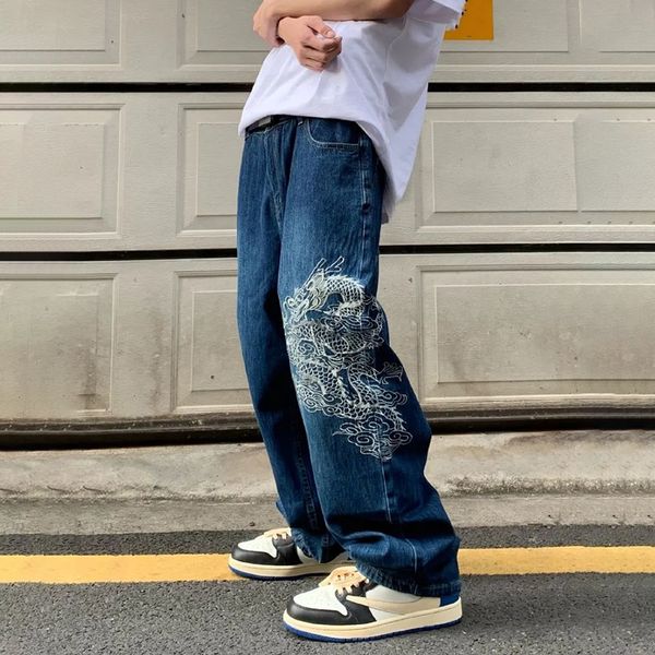Jeans masculinos retro streetwear dragão bordado em linha reta baggy calças jeans homens harajuku tendência calças largas perna solta oversize hip hop 230904