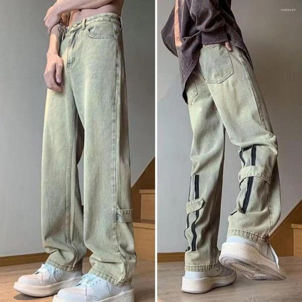 Jeans para hombres estilo retro vintage pierna ancha con decoración de cremallera streetwear color sólido pantalones de ajuste sueltos bolsillos para un