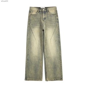 Jeans pour hommes rétro ultra segmentés déconstruits pour hommes larges jeans denim jaune teinté lavé stimulant jeans de jambe large chat de denim pantl2403