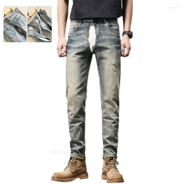 Jeans pour hommes rétro porté Invisible pantalon à siège ouvert sexe en plein air pratique déchiré coupe mince maigre mode Denim pantalon hommes