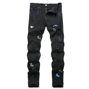 Jeans pour hommes Strass Design Marque Mens Mâle Light Black Y2K High Street Denim Peinture Graffiti Motif Endommagé Pantalon Skinny Ripped