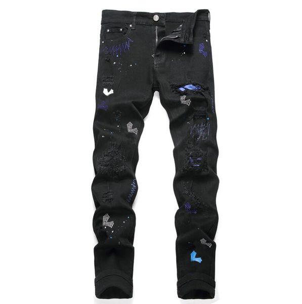 Jeans pour hommes Strass Design Marque Mens Mâle Light Black Y2K High Street Denim Peinture Graffiti Motif Endommagé Pantalon Skinny Ripped