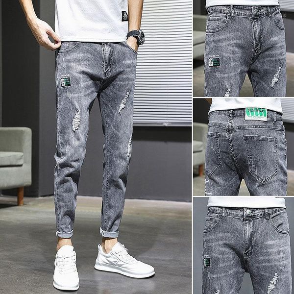 Jeans para hombres rasgados 2023 Verano Thin Casual Slim Fit Estilo coreano Pie pequeño Nueve Leggings Pantalones elásticos de moda británica