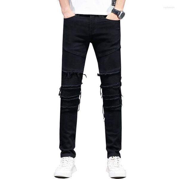 Jeans pour hommes déchirés noir Stretch Slim Skinny Fit Plissé Designer Distressed Hip Hop Frayed MotoBiker Boys Denim Pants