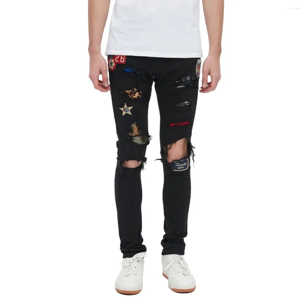 Jeans para hombre Insignia bordada rasgada Estrella Leopardo Patchwork Desgastado Destruido Estiramiento Flaco