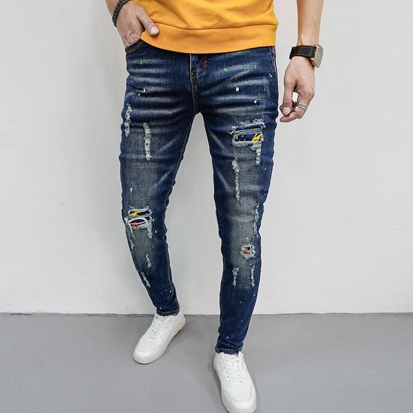 Jeans pour hommes Ripped Fashion Trendy Patch Haut de gamme Slim Fit All-Match Street Retro Marque Pu Shuai Skinny Tappered Pants