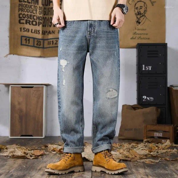 Jeans pour hommes déchiré pour hommes 2024 printemps et été de haute qualité marque de mode américaine Ins Pu Shuai pantalon droit lâche