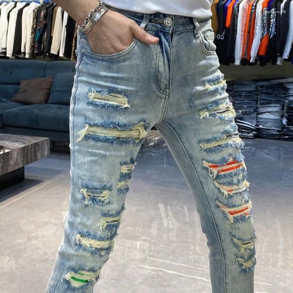 Jeans pour hommes déchiré pour hommes trou patch tendance mince jean contraste couleur couture mendiant personnalité pantalon maigre