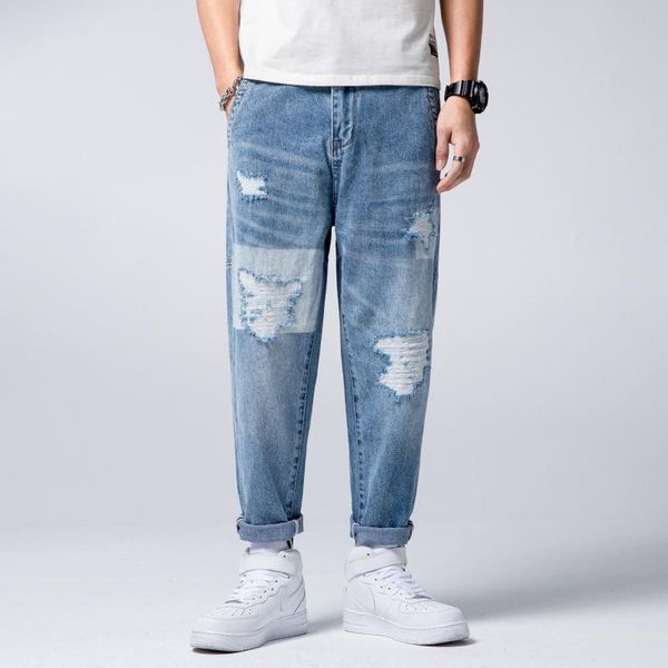 Pantalones vaqueros rasgados para hombre, pantalones holgados recortados, pantalones de pierna ancha holgados hasta el tobillo de Hip Hop desgastados de retazos azul claro para hombre