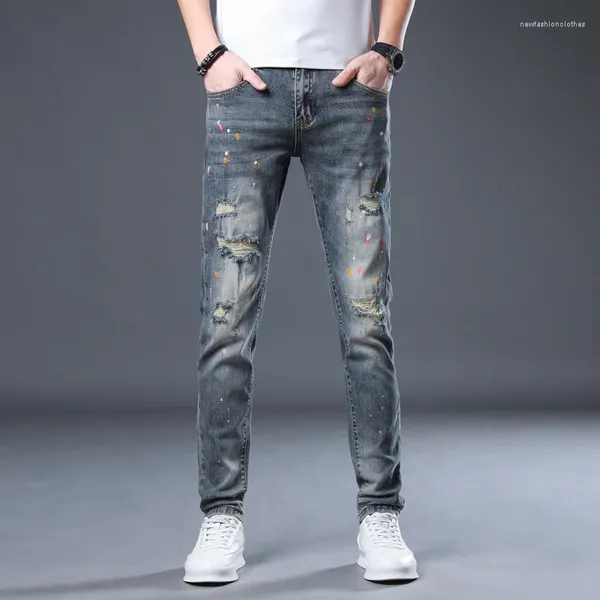 Jeans pour hommes déchiré pour hommes Slim Skinny Fit Stretch peinture en détresse Hip Hop homme Denim pantalon effiloché Patchwork haute qualité marque