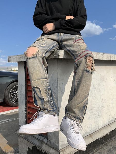 Jeans de hombre rasgados para hombres Straight Fit Hollow Out Street Wear Hip Hop Pants Men's Biker DistressedMen's