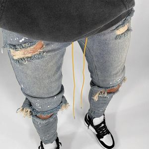 Jeans pour hommes déchiré trou pour hommes Hip Hop Cargo pantalon en détresse bleu clair Denim maigre pleine longueur automne pantalon-40