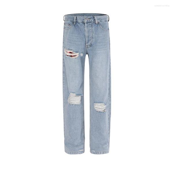 Jeans pour hommes trou déchiré doublure intérieure rouge à carreaux Baggy Y2K pantalon pour hommes et femmes en détresse décontracté Streetwear Denim pantalon