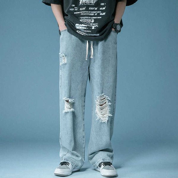 Jeans para hombres Jeans con agujeros rasgados Hombres Denim de gran tamaño Baggy Cordón Adolescentes Streetwear Allmatch Popular Boyfriend Pantalones rectos coreanos Z0301