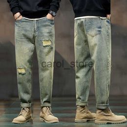 Jeans pour hommes Jeans déchirés Hommes Loose Fit Retro Blue Baggy Jeans Distressed Hip Hop Denim Pants Streetwear Biker Moto Patchwork Jeans effilochés J230806