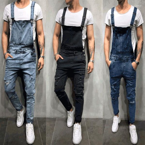 Jeans para hombre Mono rasgado High Street Overol de mezclilla desgastado Patchwork de moda