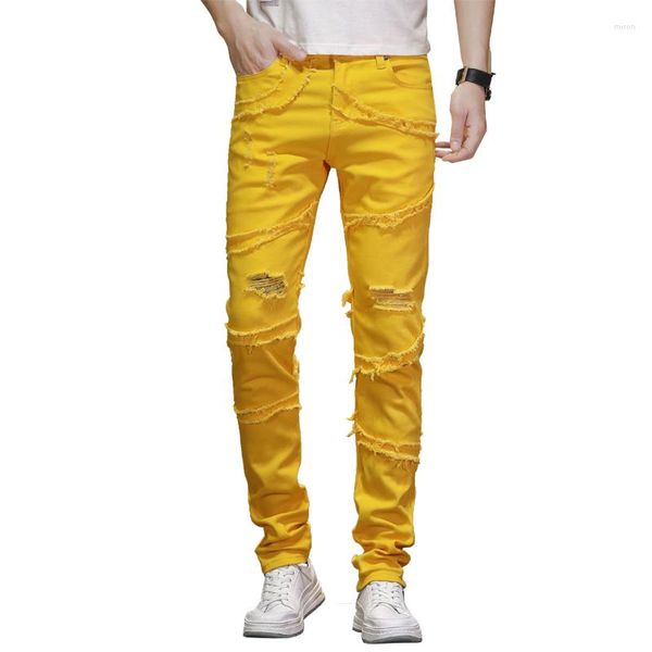Jeans pour hommes déchirés hommes Hip Hop jaune Stretch Patchwork Slim Fit en détresse Streetwear effiloché Denim pantalon pantalon mode