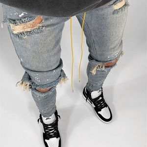 Jeans de hombre Ripped Men Skinny Fit Primavera Verano Rodilla Agujeros rotos Hip Hop Peicils Pantalones Streetwear Cremalleras pintadas desgastadas Desinger 220923