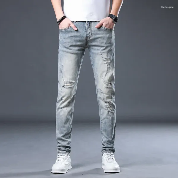 Jeans pour hommes déchiré hommes maigre slim fit bleu clair stretch streetwear hip hop en détresse mâle denim pantalon patché punk