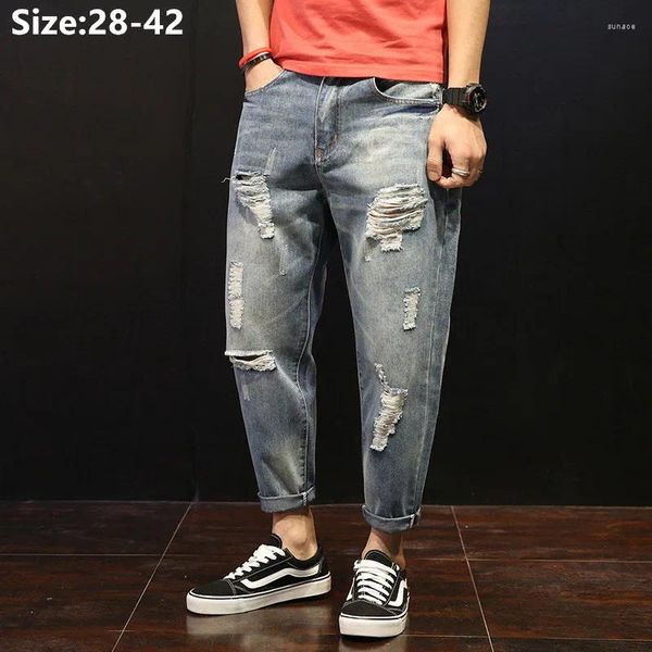 Jeans para hombres Hombres rasgados Verano Longitud del tobillo Harem suelto Tallas grandes 42 40 38 Pantalones de mendigo rayados Hip Hop Agujeros Pantalones de mezclilla Outwears