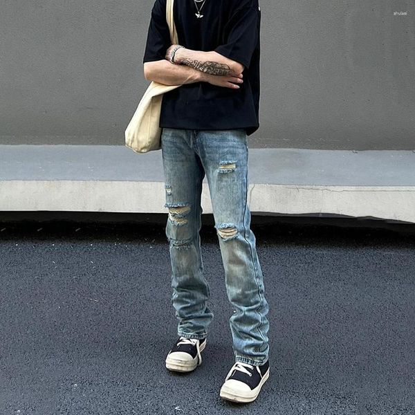 Jeans para hombres Hombres rasgados Verano Slim Streetwear Azul Casual Moda Pantalones Otoño Flaco Vintage Diseñador Fit Original Y2K Pantalones de mezclilla