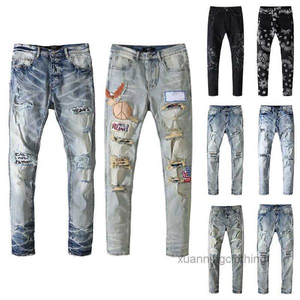 Jeans para hombres Motocicletas rasgadas Classic Denim Jogger Style Old Woven Woming Hand a mano para hacer pantalones sueltos de algodón delgado de moda Ka6r