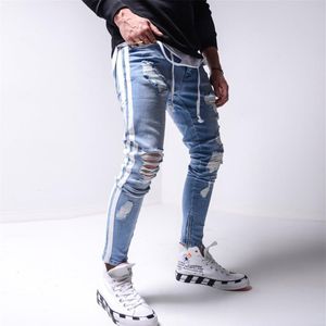 Jeans voor heren Gescheurde potloodbroek Heren Skinny denim Biker Side Gestreept Vernietigd gat Hiphop Slim Fit Man Scratched Jean Hombre243E