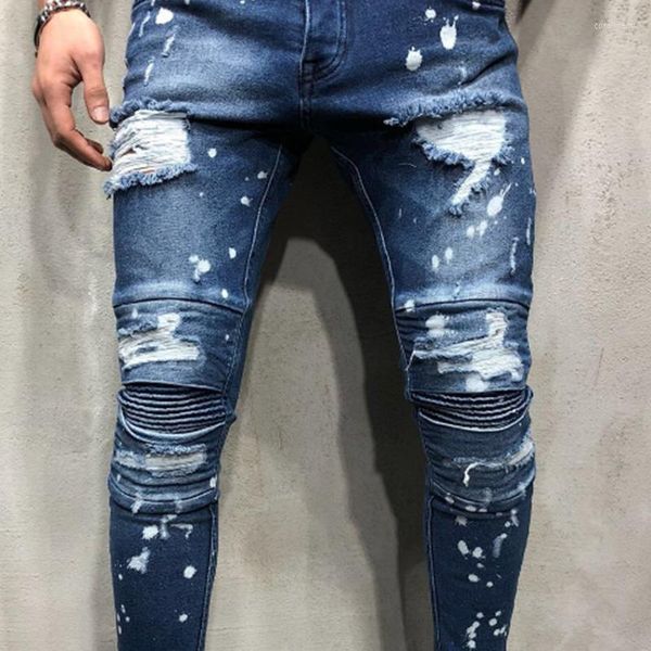 Pantalones vaqueros de hombre rasgados elásticos ajustados plisados con pintura en aerosol