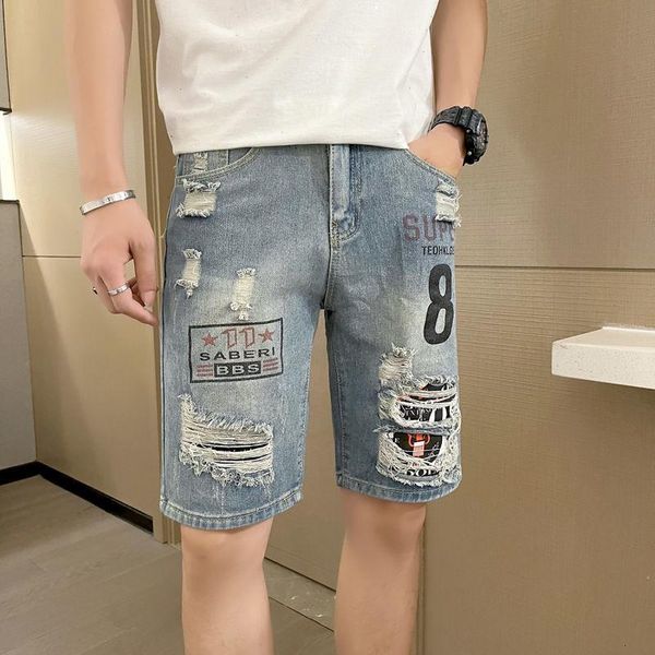 Jeans pour hommes Ripped Thin Wide-leg Straight Shorts Oversize Trendy Brand Hiphop Imprimé Lettres Loose Denim 5-quart Pantalon Streetwear