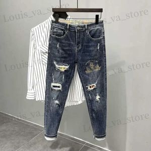 Les jeans masculins déchirés avec des jeans imprimés pour hommes trous graphiques cassés pantalon décontracté kpop kpop élégant goth soft mens cowboy pantalon t240419