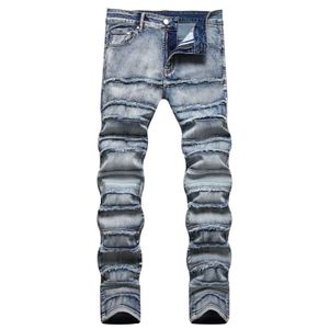 Heren Jeans Rock Retro Blauw Heren Skinny Katoenen Denim Broek Patchworks Gesplitste Verzwakte Jeans Voor Mannelijke J240328