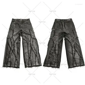 Jeans voor heren Rock Street Hiphopkleding Ruwe rand Gestreepte losse rechte wijde broek Heren Y2K Amerikaanse Retro Harajuku Oversized