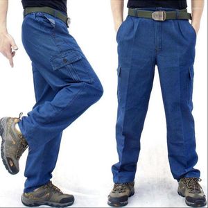 Jeans masculin S-4xl Men Souction mince d'été décontractée Multi-Pocket Loose Line Taille pantalon et pantalon d'outillage de travail de travail