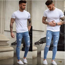 Jeans pour hommes S 4XL Stretchy Biker Skinny Destroyed Taped Slim Fit Denim Pencil Pants Ripped for Male Light Blue Streetwear 230721