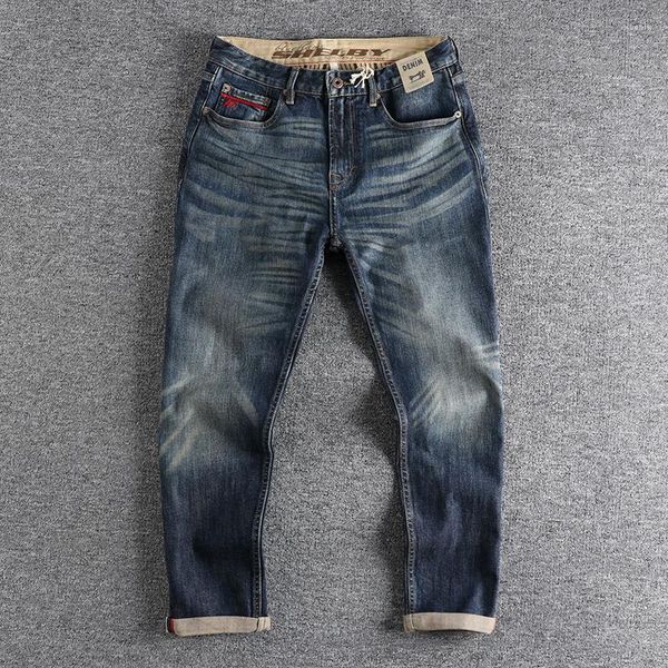 Jeans pour hommes Selvedge Denim pour hommes lavé en détresse rétro pantalon décontracté droit mode pantalon retrousser vêtements poids lourd