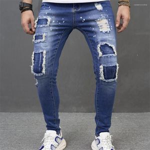 Jeans pour hommes patch de couture pantalon en denim plissé irrégulier tendance classique bleu déchiré pantalon pleine longueur